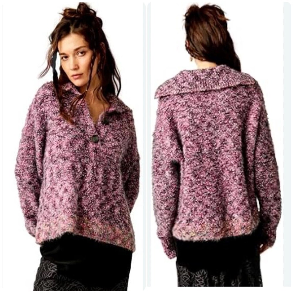 NEW Size X-Small Free People Stella Marled Shocking Pink Henley Pullover Sweater